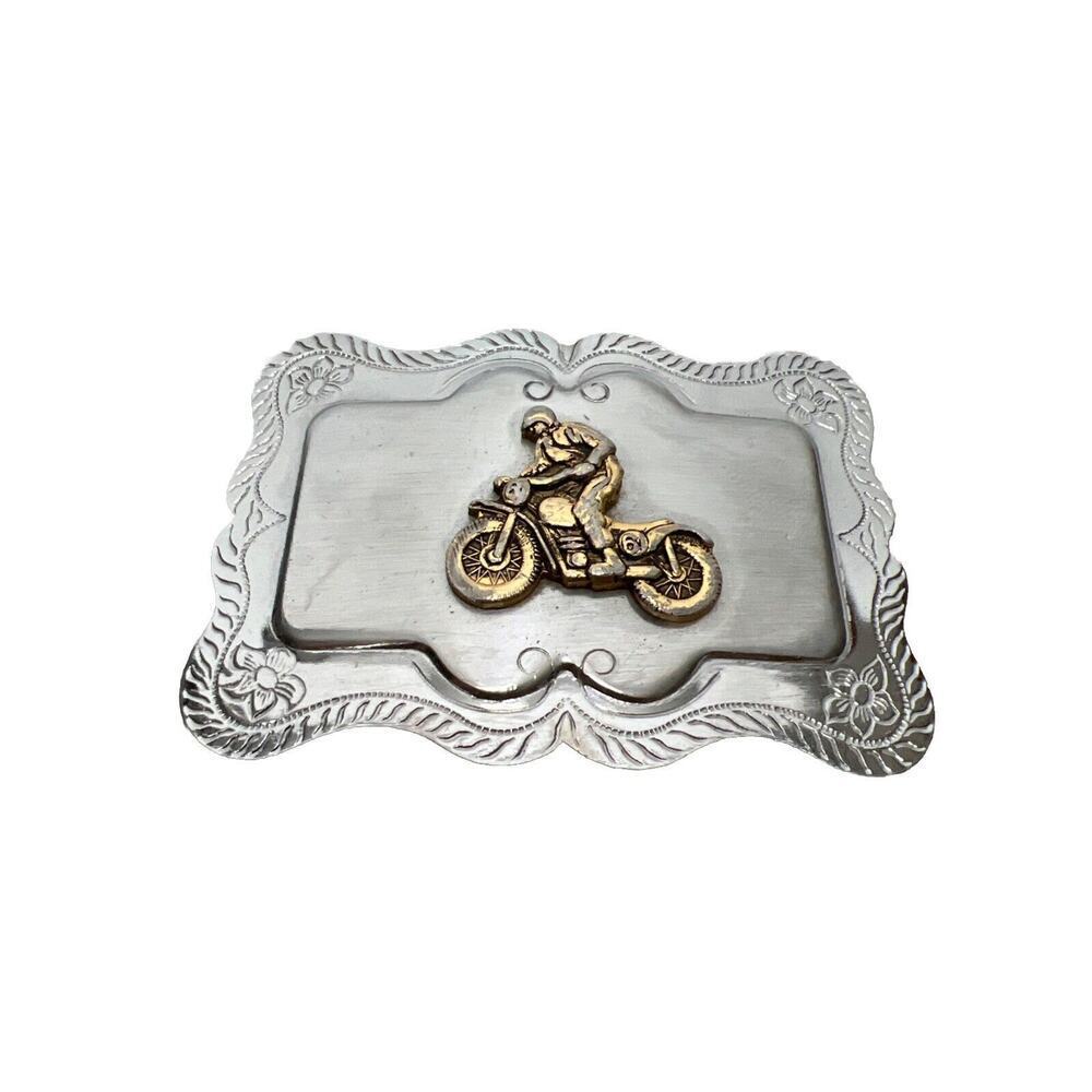 Vintage Golden Motorcycle On A Silver Belt Buckle